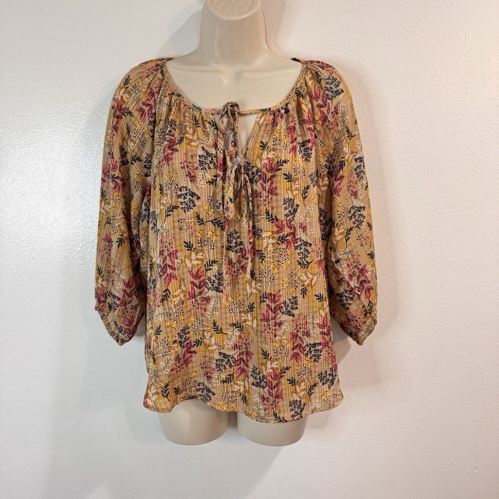 Ann Taylor LOFT Blouse Shirt XS Peasant Floral Textured V-neck Tie Gold Pink
